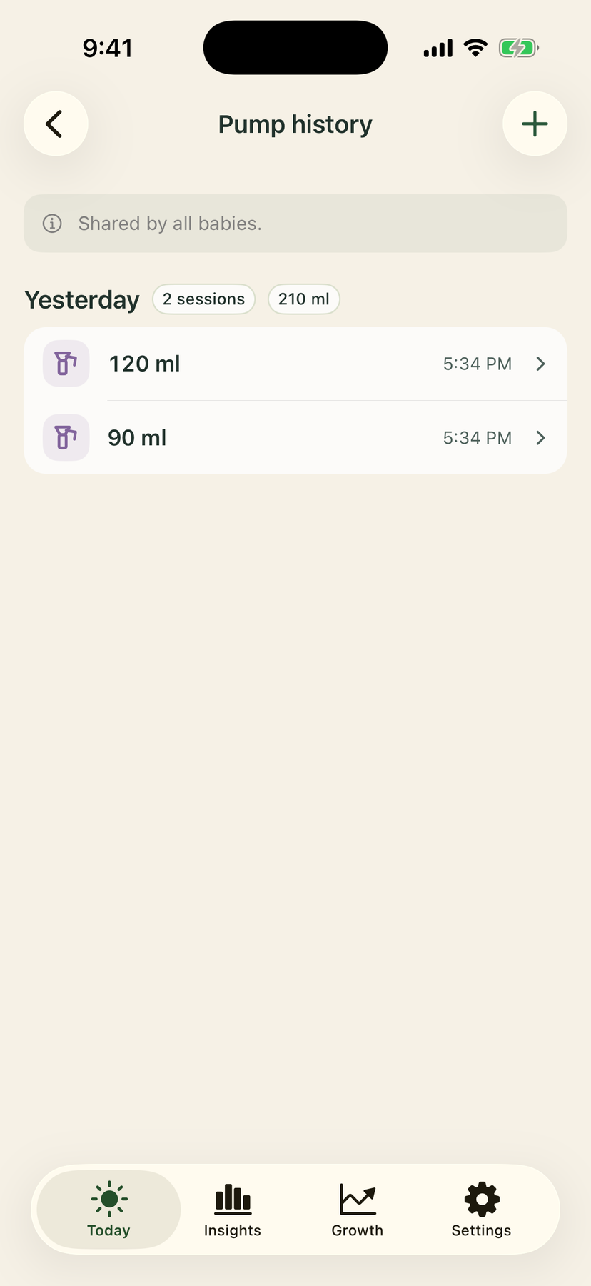 Pump history with day totals