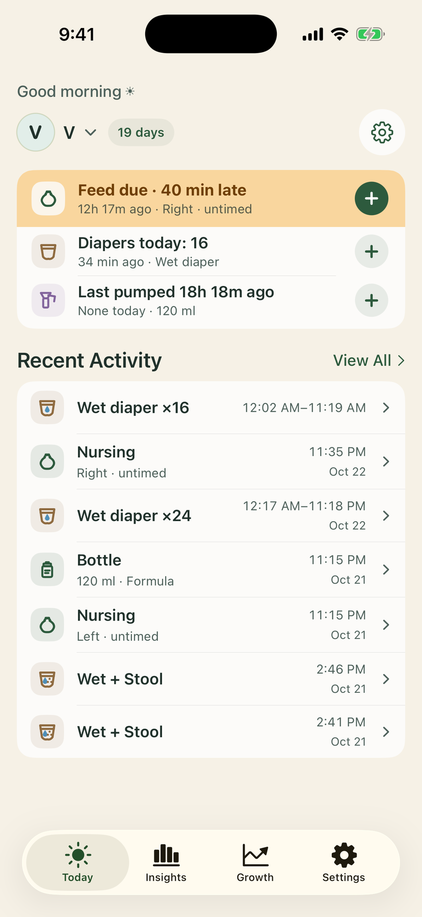 Today: feeds, diapers and pumping at a glance